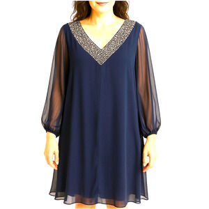 Betsy‎ & Adam Dress Women's 16W Navy Chiffon Layers Sheer Jeweled V-Neck Party